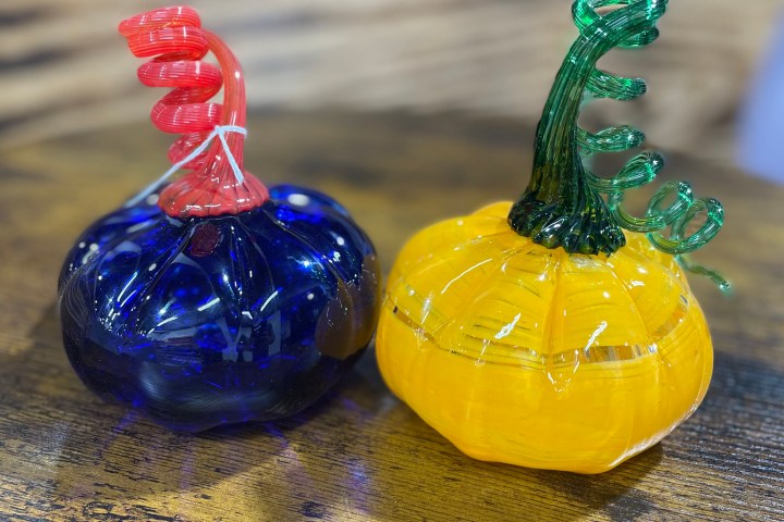 Two glass pumpkins, one blue and one yellow, with curly stems on a wooden table.