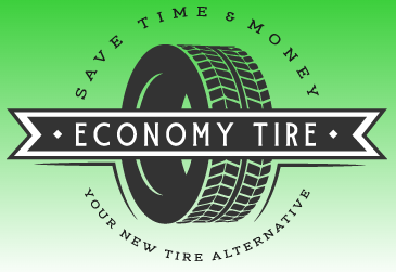 Logo with tire image on a green gradient background, text 'Economy Tire: Save Time & Money, Your New Tire Alternative'
