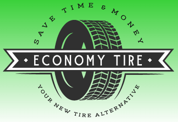 Logo with tire image on a green gradient background, text 'Economy Tire: Save Time & Money, Your New Tire Alternative'