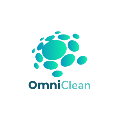 Blue abstract sphere logo with 'OmniClean' text below on black background.