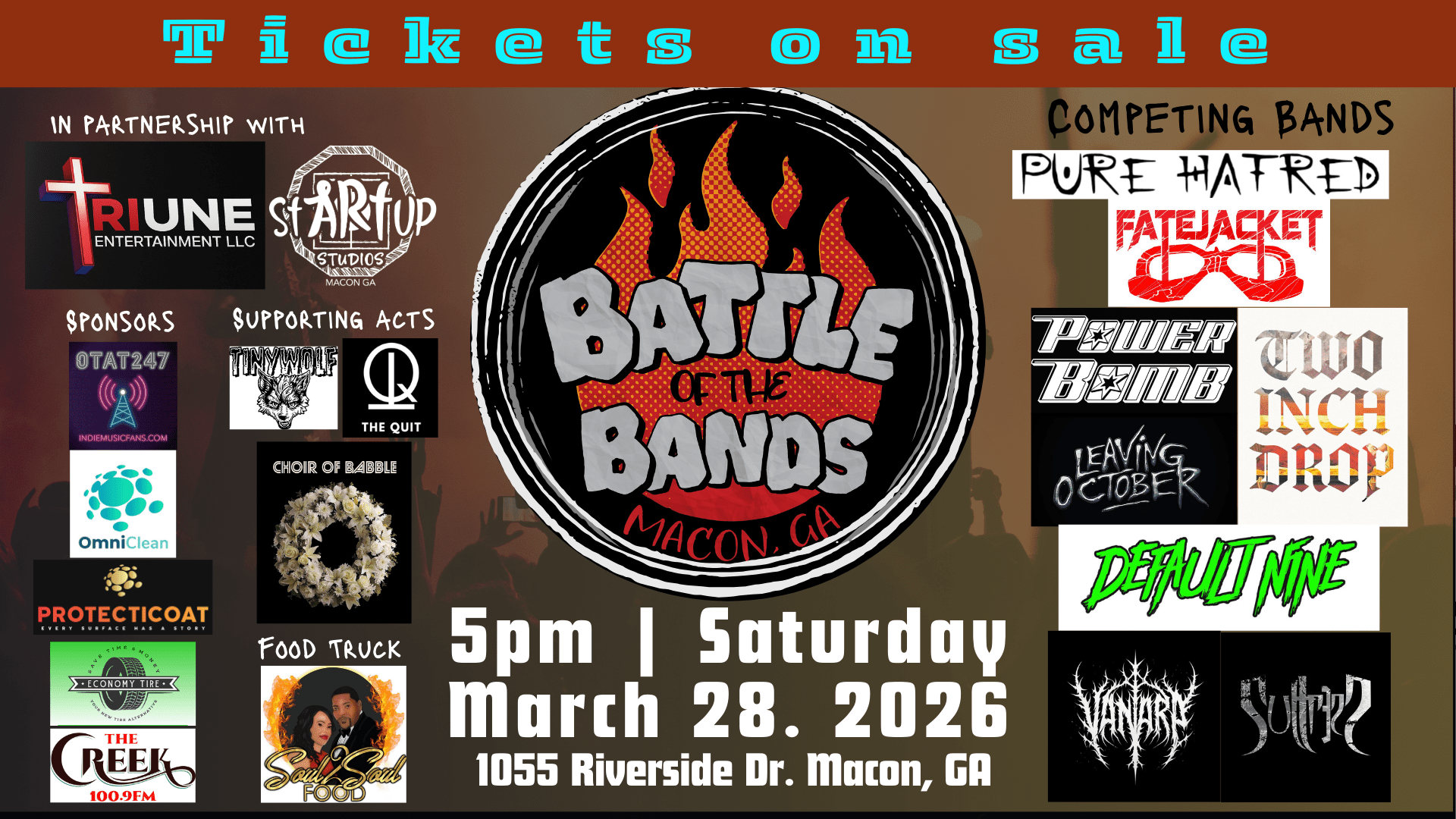 Battle of the Bands event ad with logos, date, time, and location details.