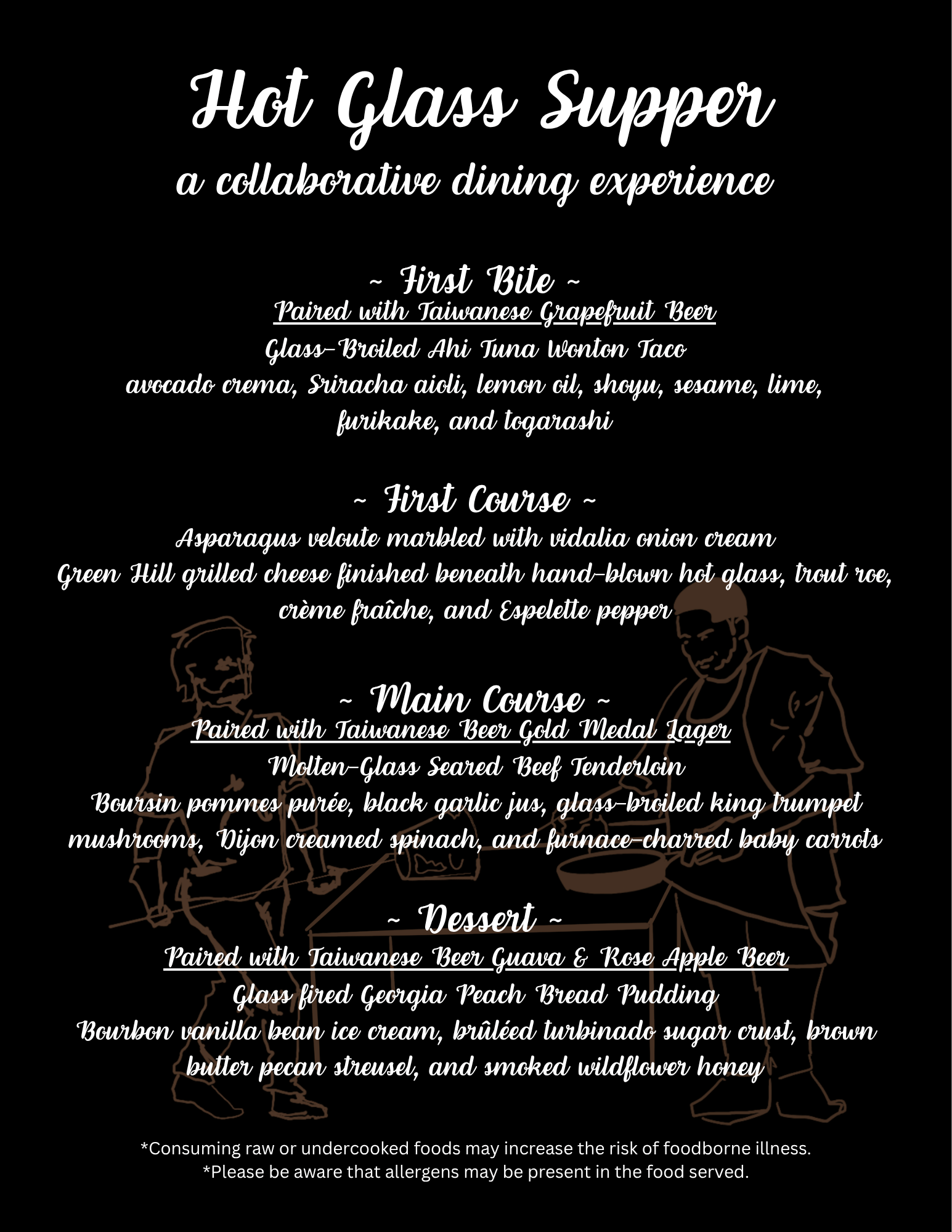 Menu titled 'Hot Glass Supper' with three sections: First Bite, First Course, and Main Course.