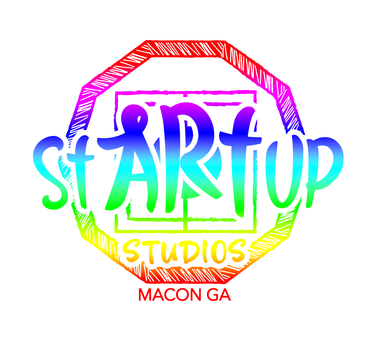 Colorful 'StARTup Studios Macon GA' logo with geometric border.