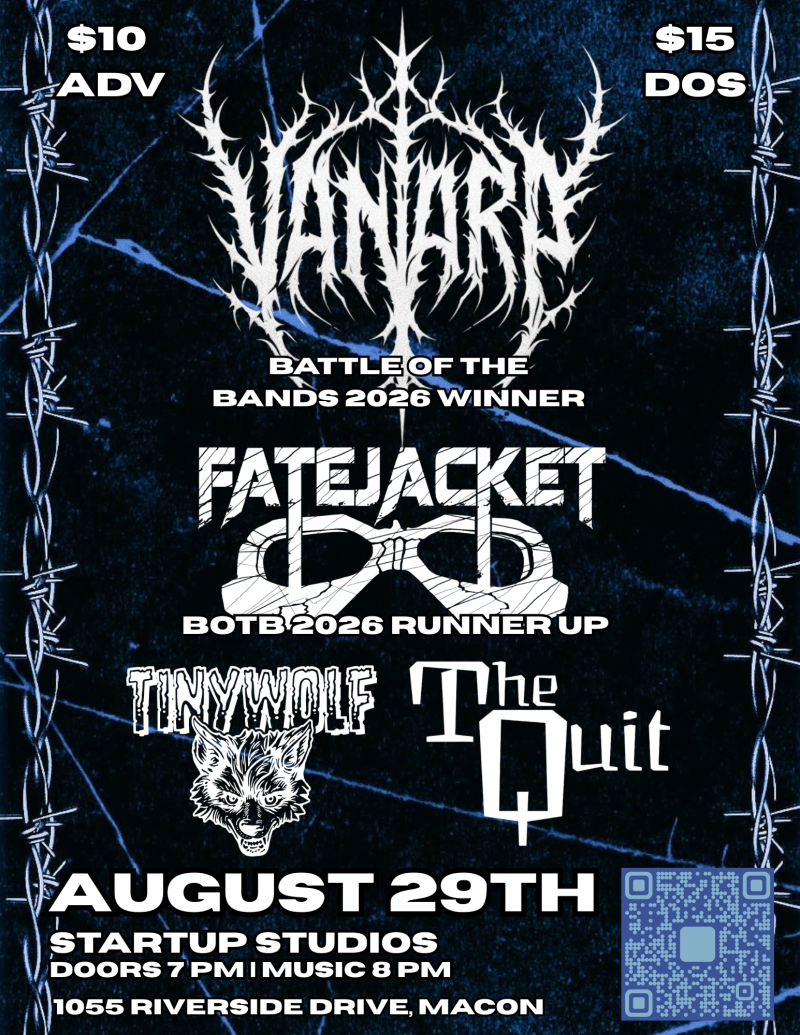 Band poster featuring Vanarc, Fatejacket, Tinywolf, The Quit, event details, and QR code.