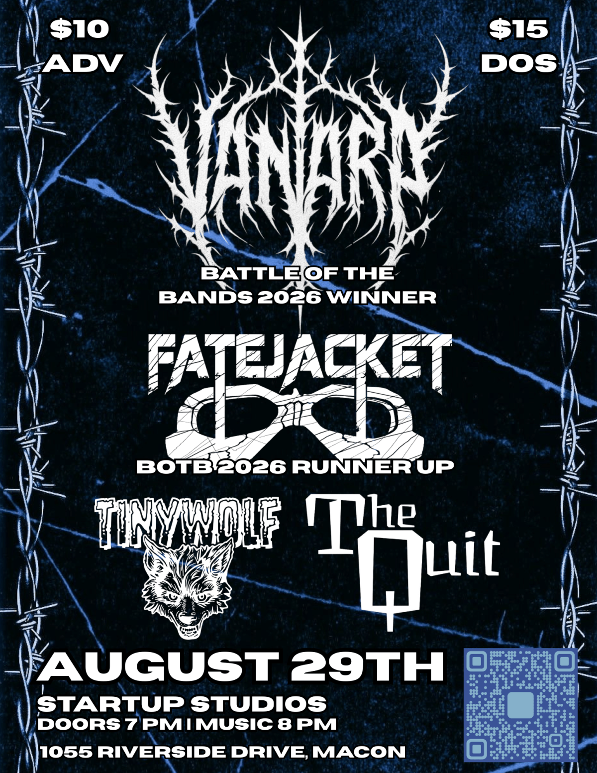 Band poster featuring Vanarc, Fatejacket, Tinywolf, The Quit, event details, and QR code.