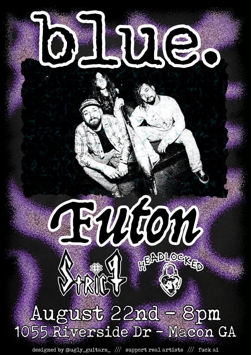Band poster with purple pattern, photos of three band members, and event details for August 22nd in Macon, GA.