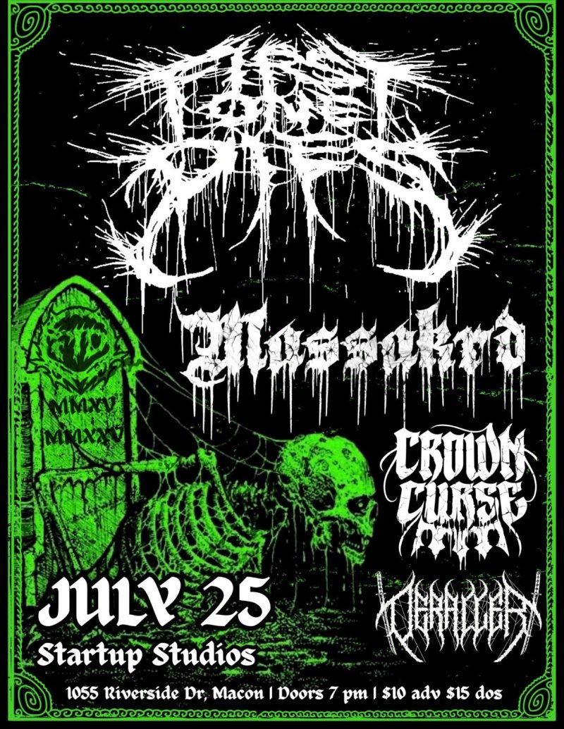 Concert poster with band logos and a green skeleton. July 25, Startup Studios, 7 PM, $10 adv, $15 dos.