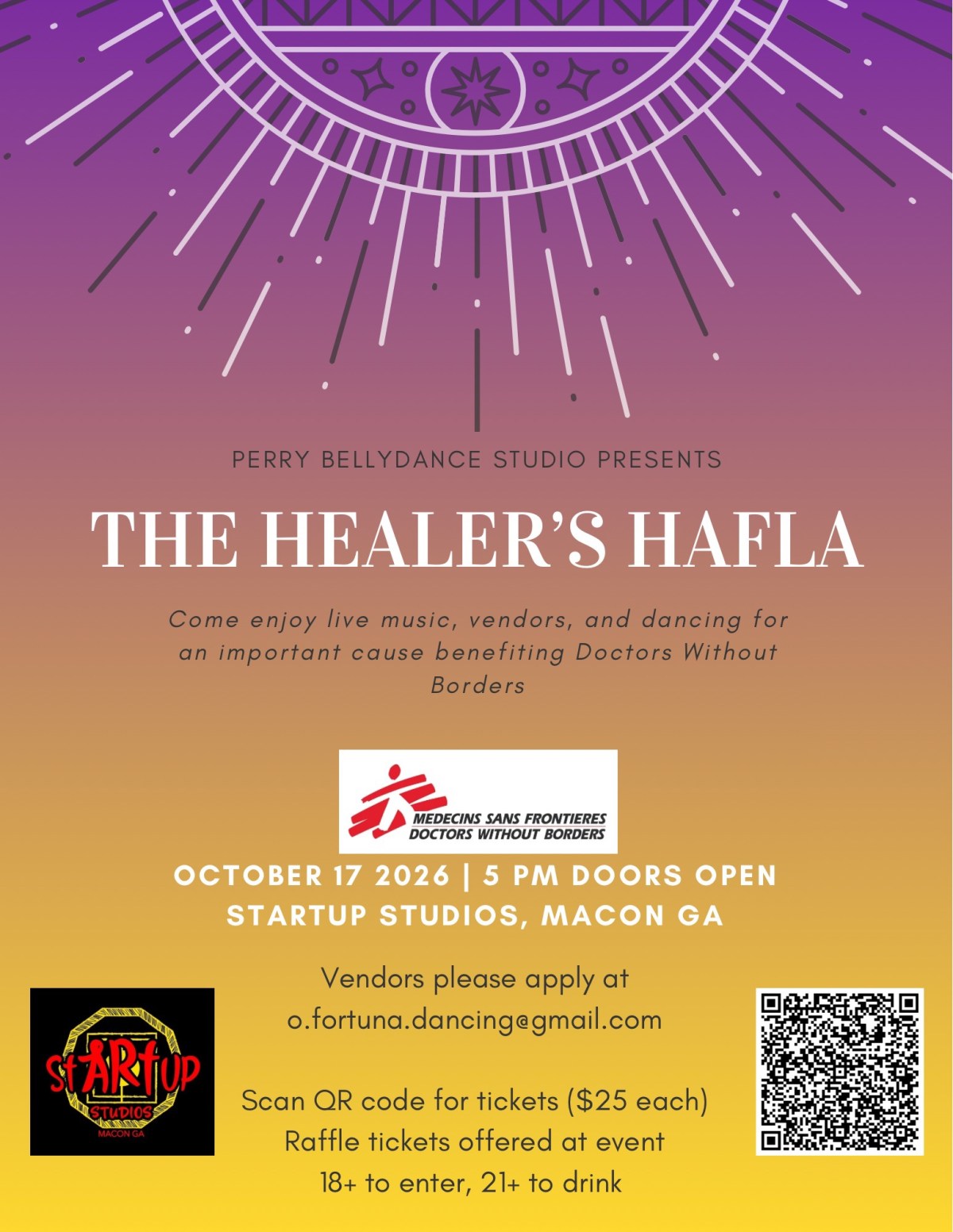 Event flyer for 'The Healer's Hafla' on October 17, 2026, supporting Doctors Without Borders at Startup Studios.
