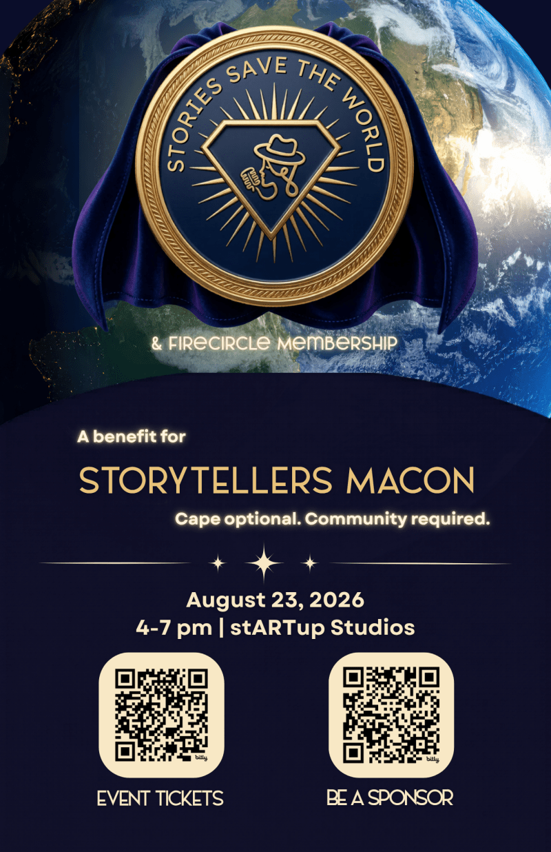 Event poster with earth, a golden emblem, and QR codes for Storytellers Macon benefit.