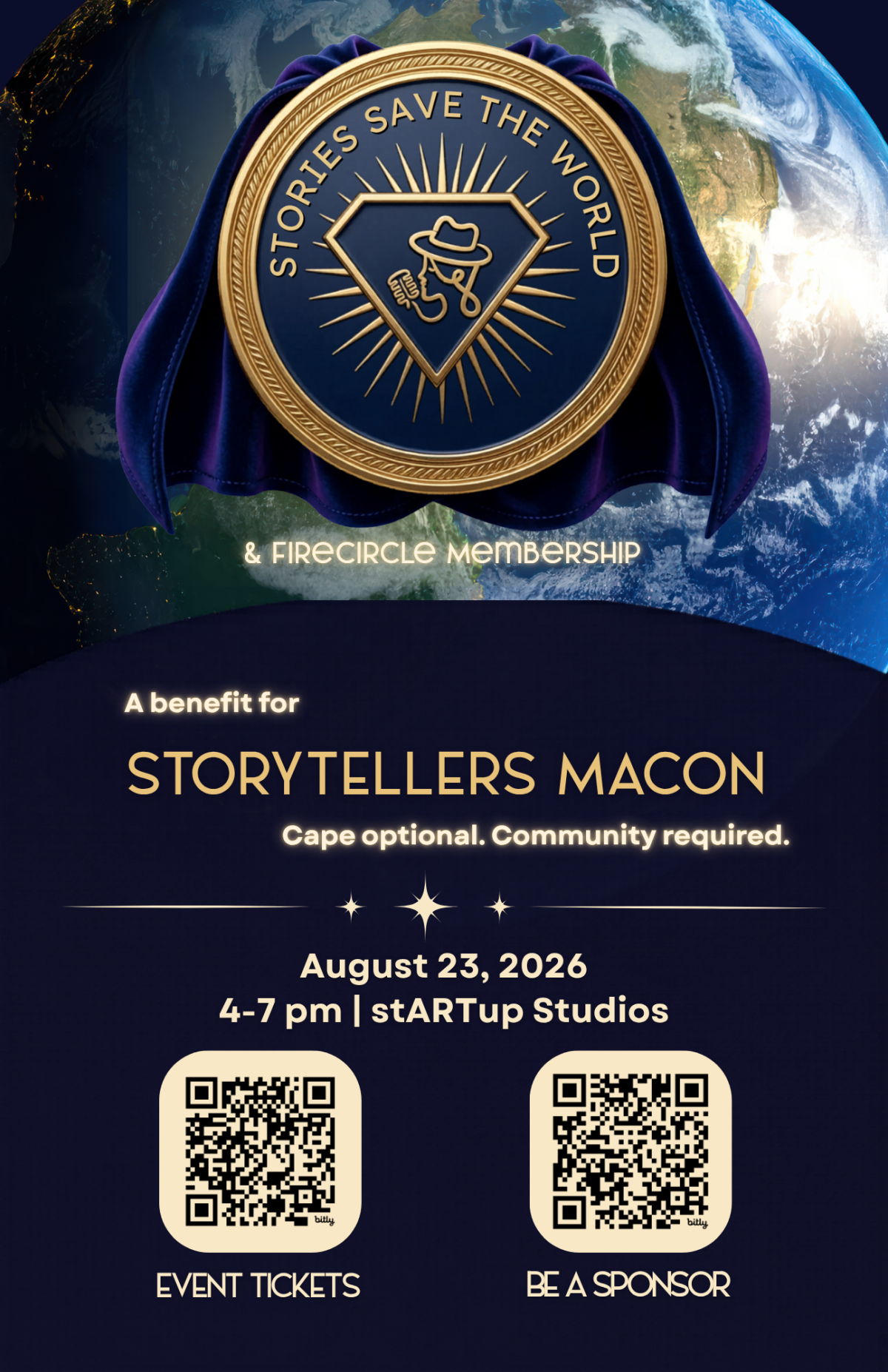 Event poster with earth, a golden emblem, and QR codes for Storytellers Macon benefit.