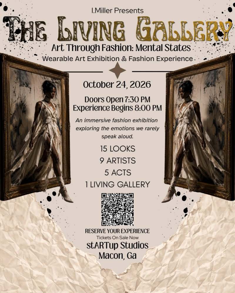 Event poster for 'The Living Gallery' fashion exhibition on October 24, 2026, in Macon, Ga.