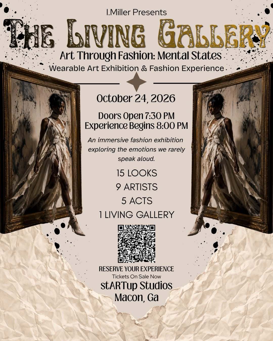 Event poster for 'The Living Gallery' fashion exhibition on October 24, 2026, in Macon, Ga.