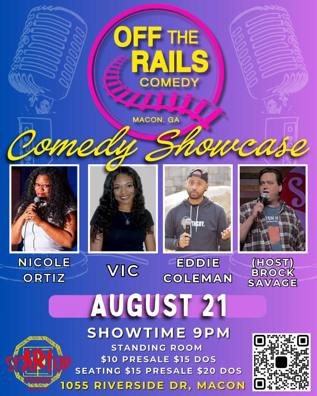 Comedy showcase poster with four comedians and event details in Macon, GA on August 21.