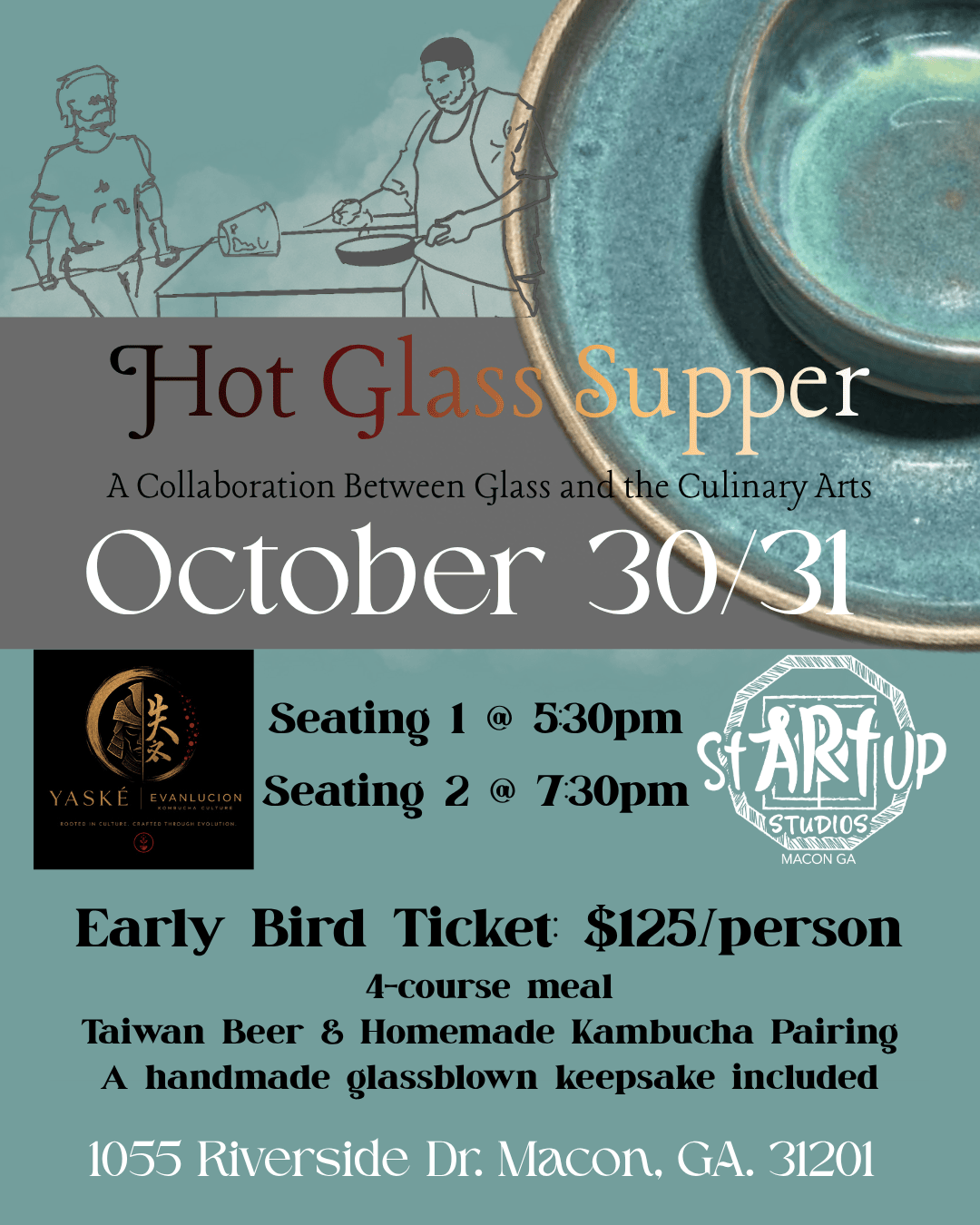 Event poster for 'Hot Glass Supper' on October 30/31 featuring meal details and ticket info.