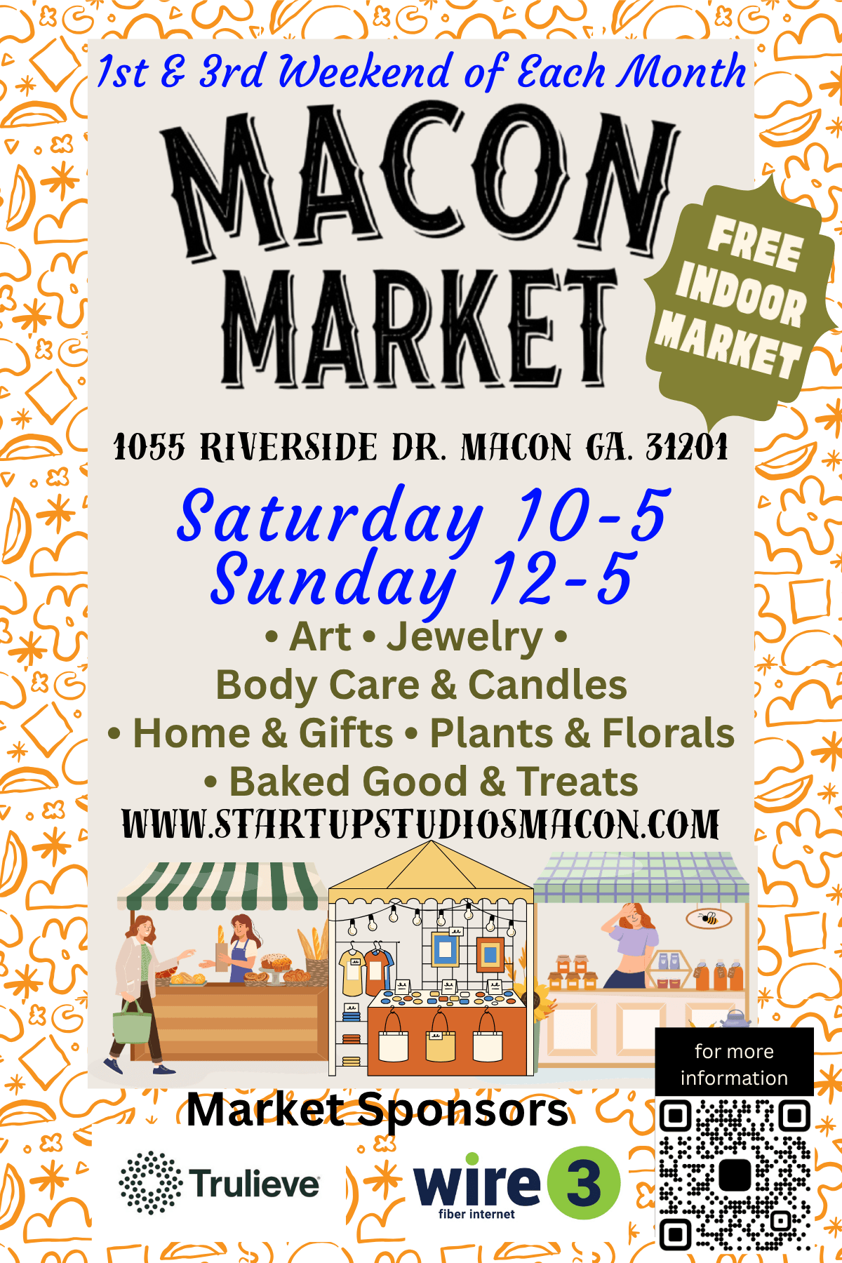 Macon Market flyer with event details, date, sponsors, and icons of market items.