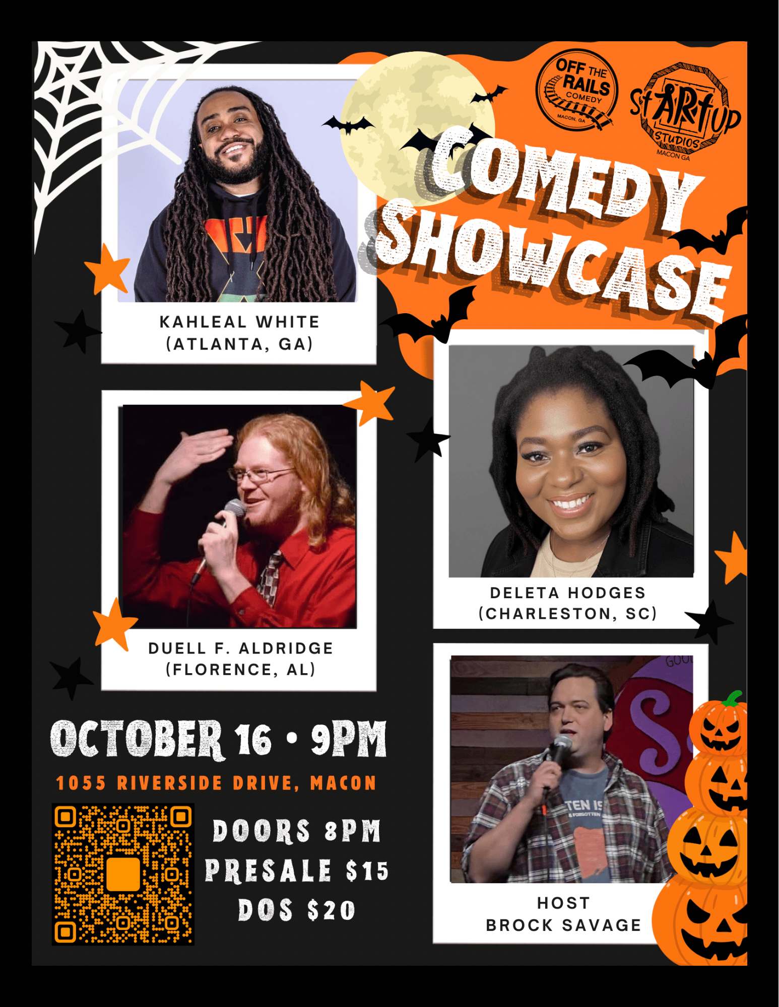 Halloween-themed comedy showcase poster with four comedian photos and event details.