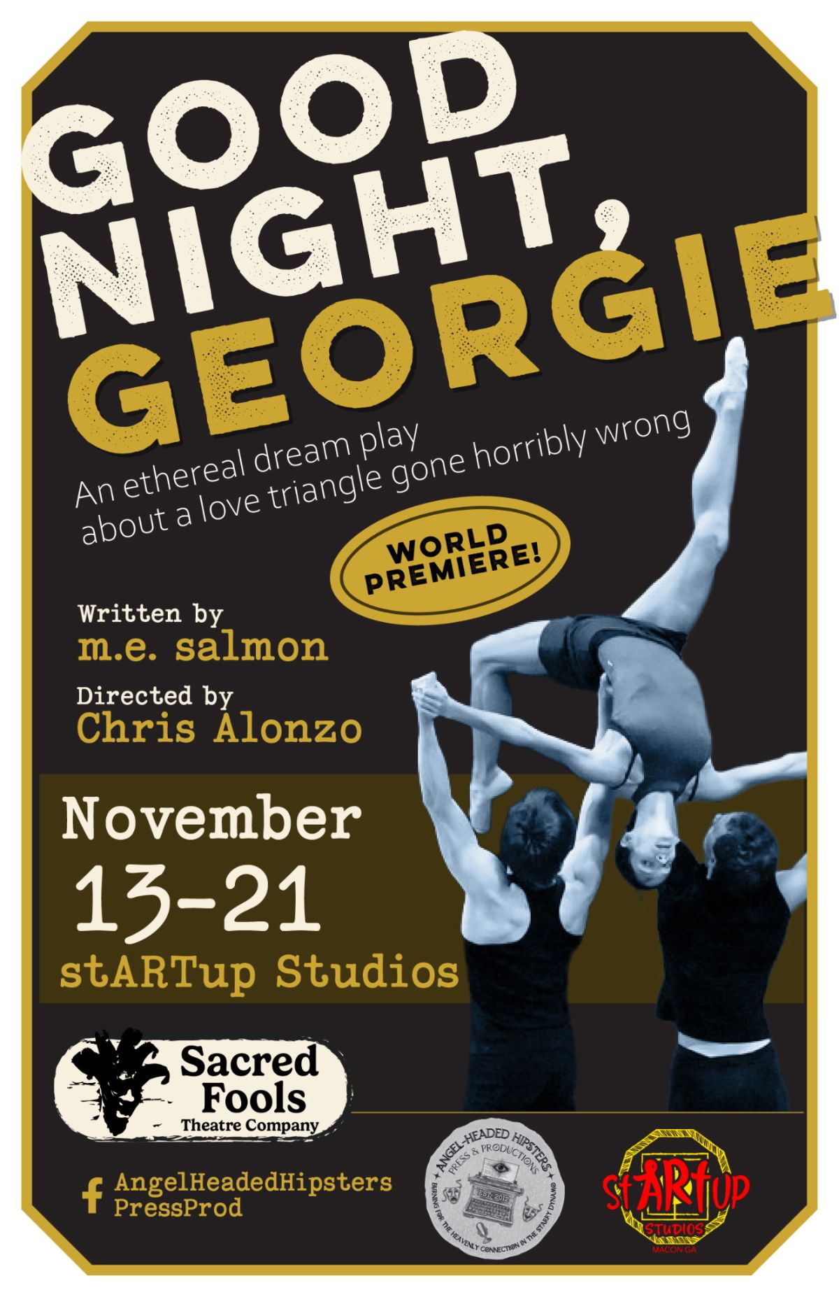 Poster for 'Good Night, Georgie' with acrobats, event details in yellow and white text.