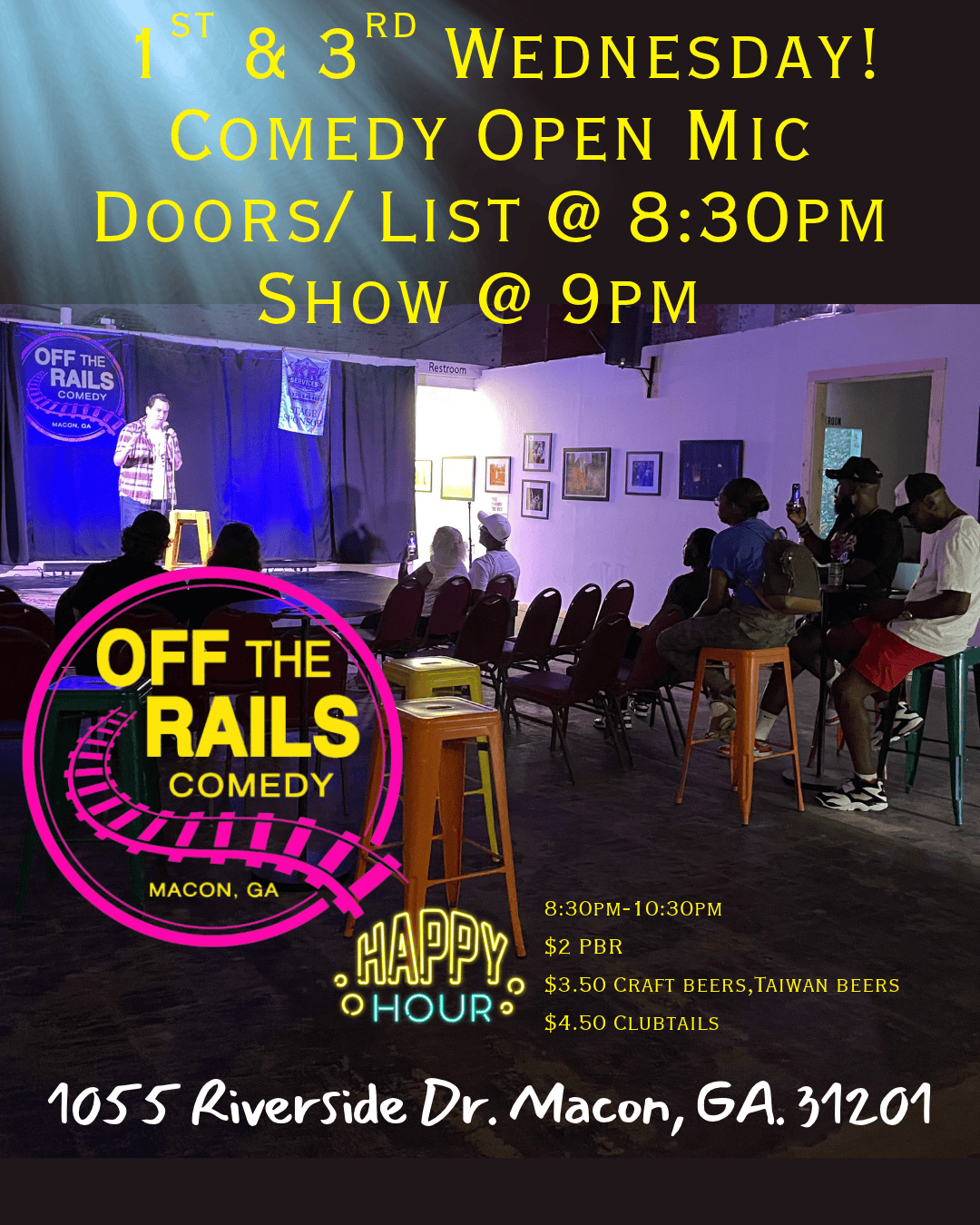 Comedy open mic poster for 'Off The Rails Comedy' with event details and location.